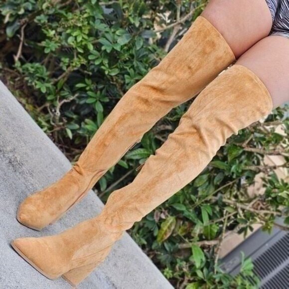Women's Tan Over The Knee pointed Chunky Block Heel Boots - Picture 5 of 6